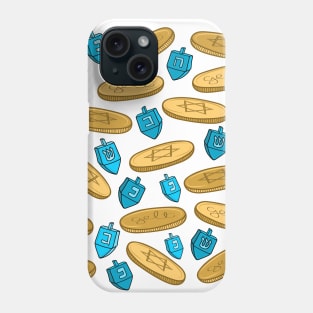 Hanukkah Dreidels and Chocolate Gelt Cartoon Doodle Pattern on a White Backdrop, made by EndlessEmporium Phone Case