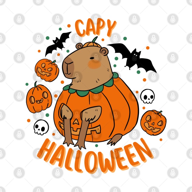 Happy Halloween a cute capybara in a pumpkin for Halloween by Yarafantasyart