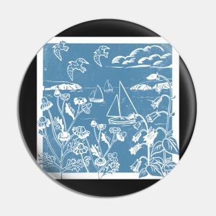 Seaside Linoprint of Sailing Boats and Blue Skies Pin