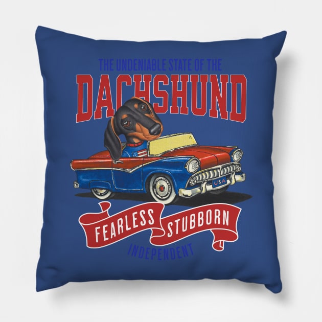 Humor Funny and Cute Doxie Dachshund dog driving a vintage classic car with red white and blue flags Pillow by Danny Gordon Art