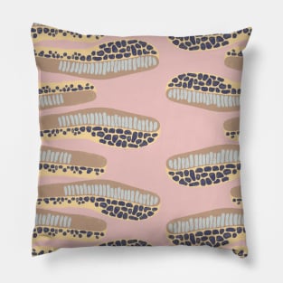 abstract horizontal shapes brown light blue navy blue yellow on a pink background Pillow