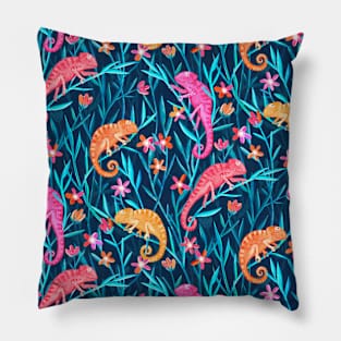 Popping Color Chameleons on Teal Blue Pillow