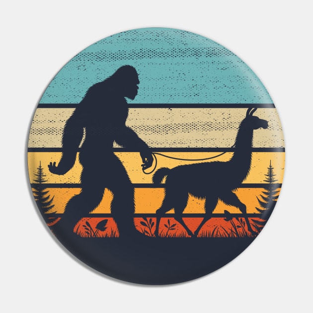 Bigfoot Walking Llama Vintage Retro Sunset Sasquatch Pin by Cuteness Klub