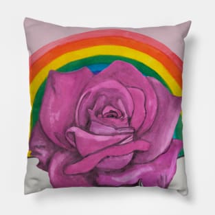 Pink rose with rainbow and clouds Pillow