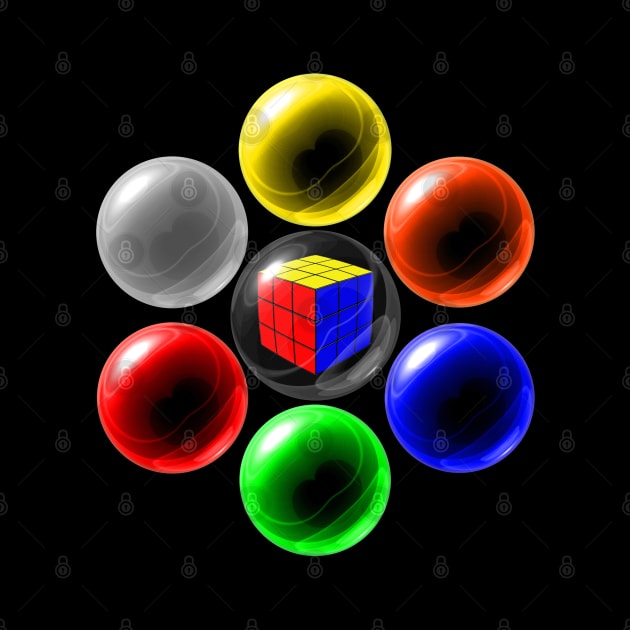 Rubik's Cube in a Glass Ball with Six Surrounding Colourful Glass Balls by The Black Panther