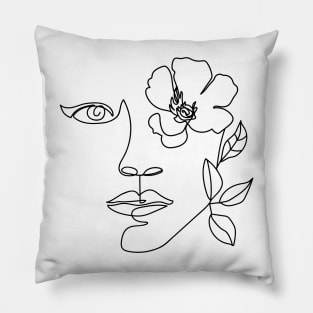 Minimal woman line art. One line woman face with flower. Pillow