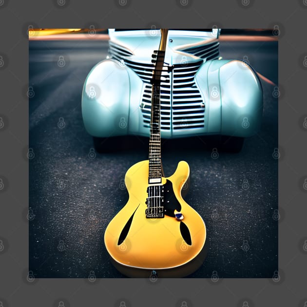 A Semi Acoustic Guitar In Front of A Turquoise Car From The 1940’s. by Musical Art By Andrew