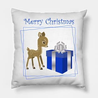 Merry Christmas deer with blue gift box Pillow