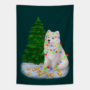 White fluffy Samoyed dog tangled in multicolored fairy lights Tapestry