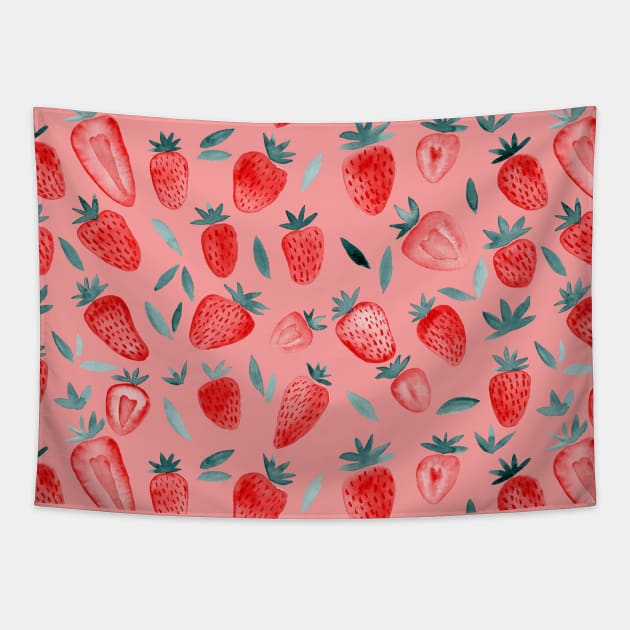 Watercolor strawberries pattern - pink background Tapestry by wackapacka