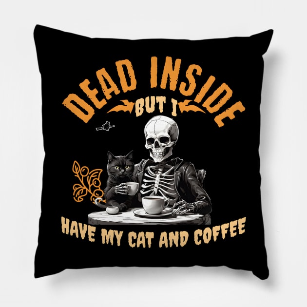 Halloween skeleton drinking coffee with a cat Pillow by VisionDesigner