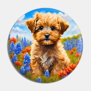 Yorkipoo Puppy in Texas Wildflower Field Pin