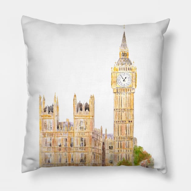 London Big Ben  palace of Westminster watercolor painting Pillow by colorandcolor