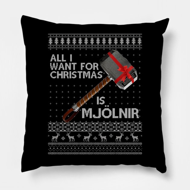 Thor All I Want For Christmas Is Mjolnir Hammer Knit Pillow by Bevatron