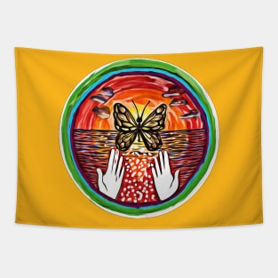 White hands brown butterfly Tapestry