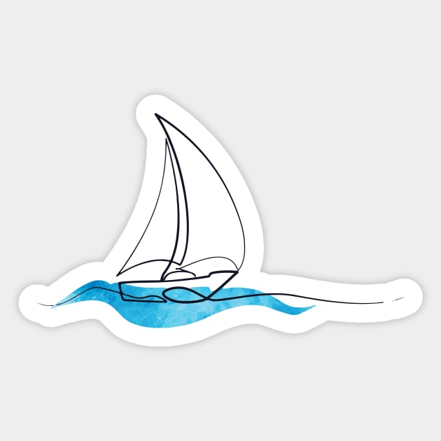 Hydro Flask sticker - ocean blue watercolor wave and sailboat | Line art