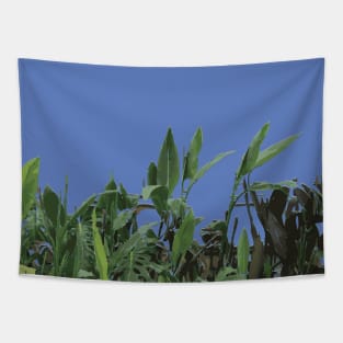 Lush Green Tropical Plants Drawing on Blue Tapestry