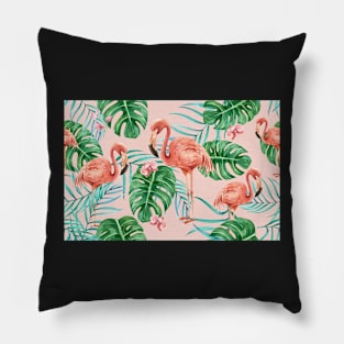 Flamingos and Monstera Leafs Pillow