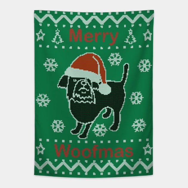 Merry Woofmas says Dog on Ugly Christmas Sweaters Tapestry by ellenhenryart