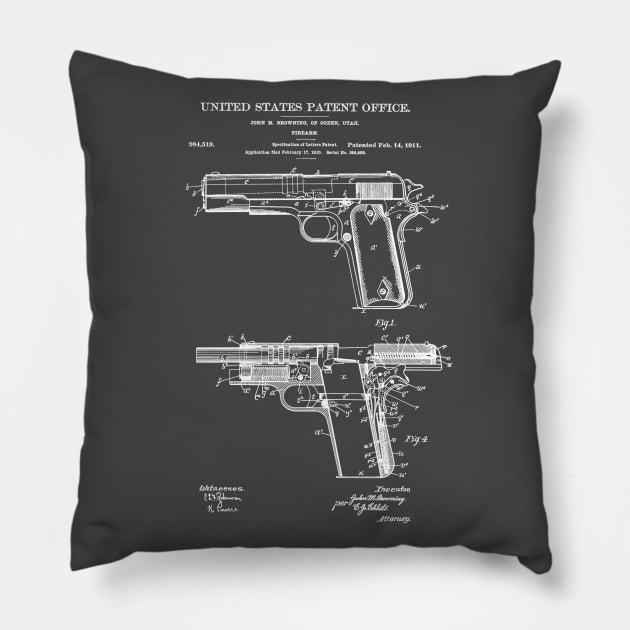 Firearm Colt 1911 Patent White Pillow by Luve