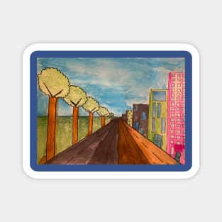 City scape trees pink building Magnet