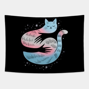 Transgender Cat Hug LGBT Pride Flag Tapestry