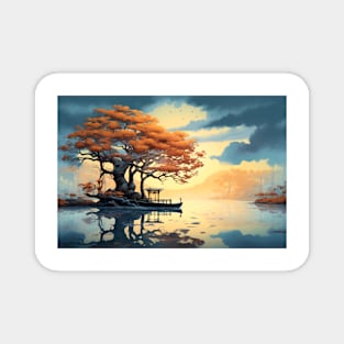 Tree In Calm Lake Serene Landscape Magnet