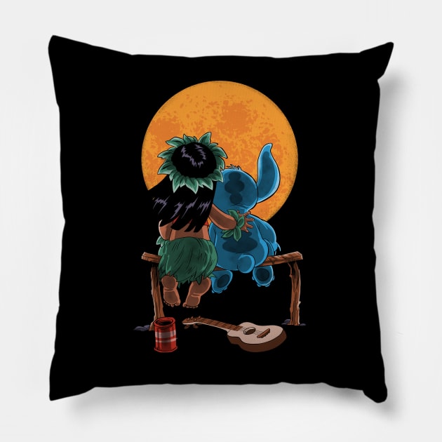 Alien and Girl Gazing at the Moon Pillow by Zascanauta