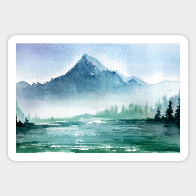 Watercolor Painting Of Lake And Misty Mountain Landscape