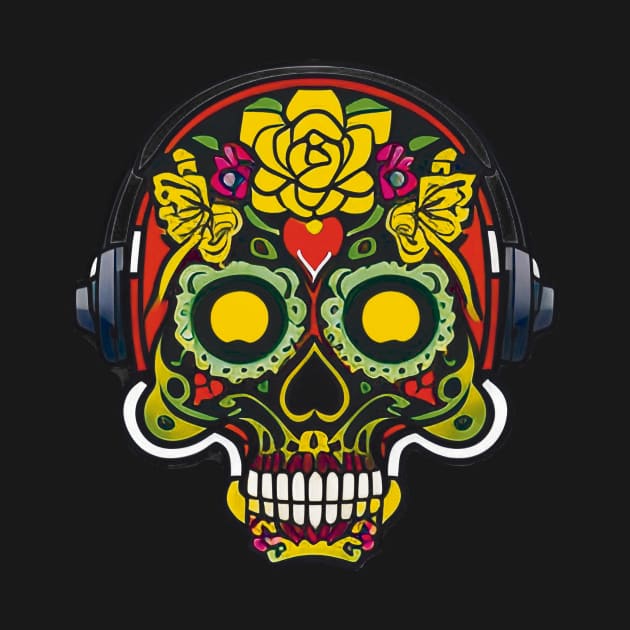 Musical Love: Sugar Skull Art - Forehead Heart and Headphones by ImaginativeInkPOD