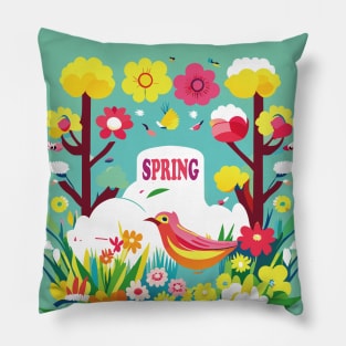 Blooming Spring Delight: Vibrant Flowers and Playful Birds Art Print Pillow