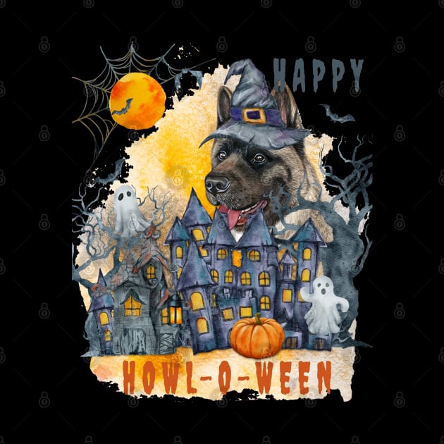 American Akita Happy Howl-o-ween Ghost Houses Funny Watercolor by Sniffist Gang