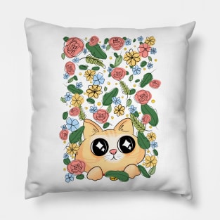 Cute starry eyed kitty cat and flowers Pillow
