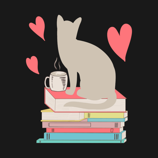 Cat silhouette coffee tea books hearts by gogo-jr