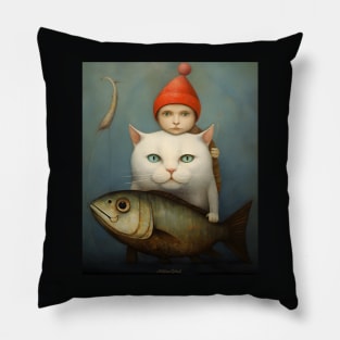 Boy, Cat and fish Pillow