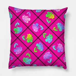 Window Pane Diagonal Floral Black Line on Hot Pink Pillow