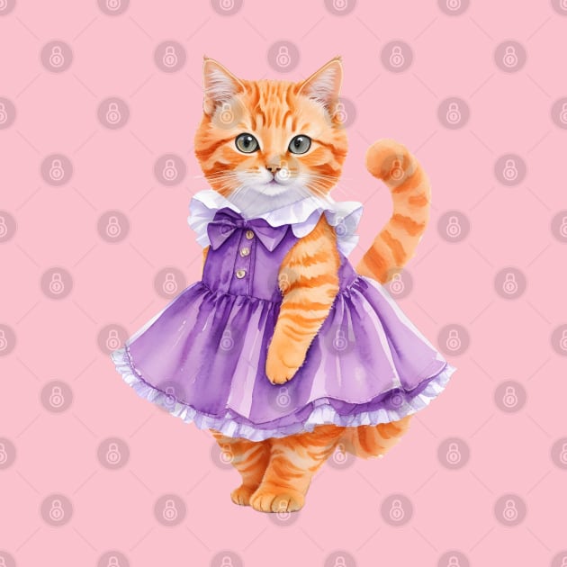 Watercolor orange cat wearing purple dress by Luckymoney8888