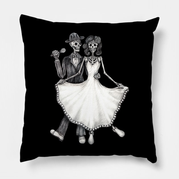 Sugar skull couple wedding sing a song celebration day of the dead. Pillow by Jiewsurreal