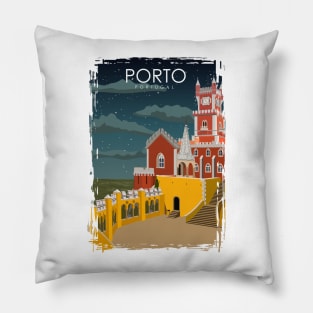 Porto Portugal Vintage Minimal Retro Travel Poster at Night Pillow