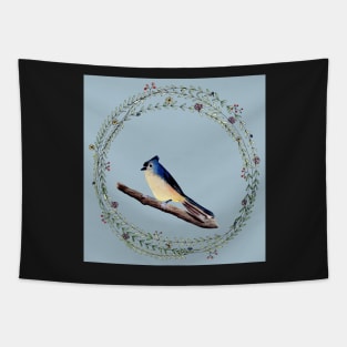 Little bird with wreath and egg blue background Tapestry