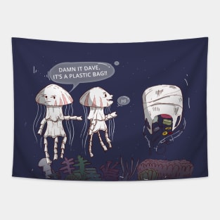 Plastic in the ocean and sea underwater scene jelly fish with garbage Tapestry