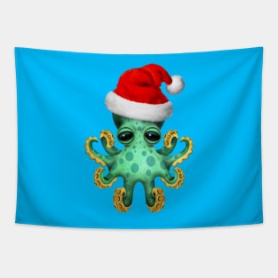 Green Baby Octopus Wearing a Santa Hat Tapestry