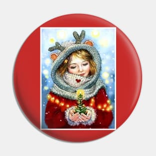 Young Girl Holding a Magical Christmas Tree Print Pin