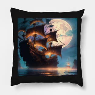 Majestic Pirate Ship: Aesthetic Fantasy Fiction Art Under Moonlight Pillow