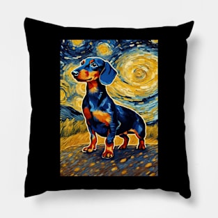 Cute Dachshund Painting Dog Breed in a Van Gogh Starry Night Art Style Pillow