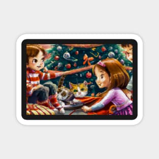 A brother and sister and cat on Christmas morning - Greeting Card Magnet