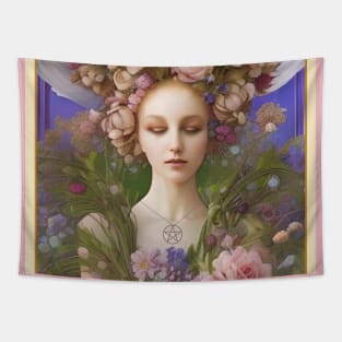 Flowers botanical art painting of a girl goddess or a pagan green witch Tapestry