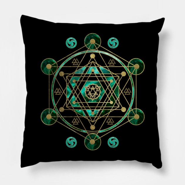 Sacred Geometry Ornament in gold and malachite Pillow by Nartissima