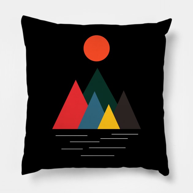 Minimalist Abstract Nature Art #48 Geometric, Linear, Colorful Mountains with Gentle Still Water Pillow by Insightly Designs