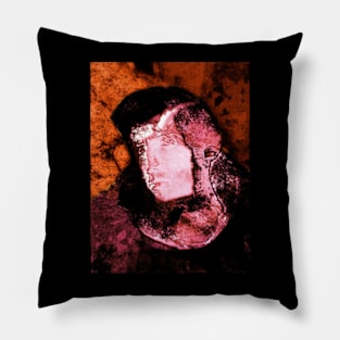 Portrait, digital collage and special processing. Man, knight on street, face. Near some building. Orange and red. Pillow